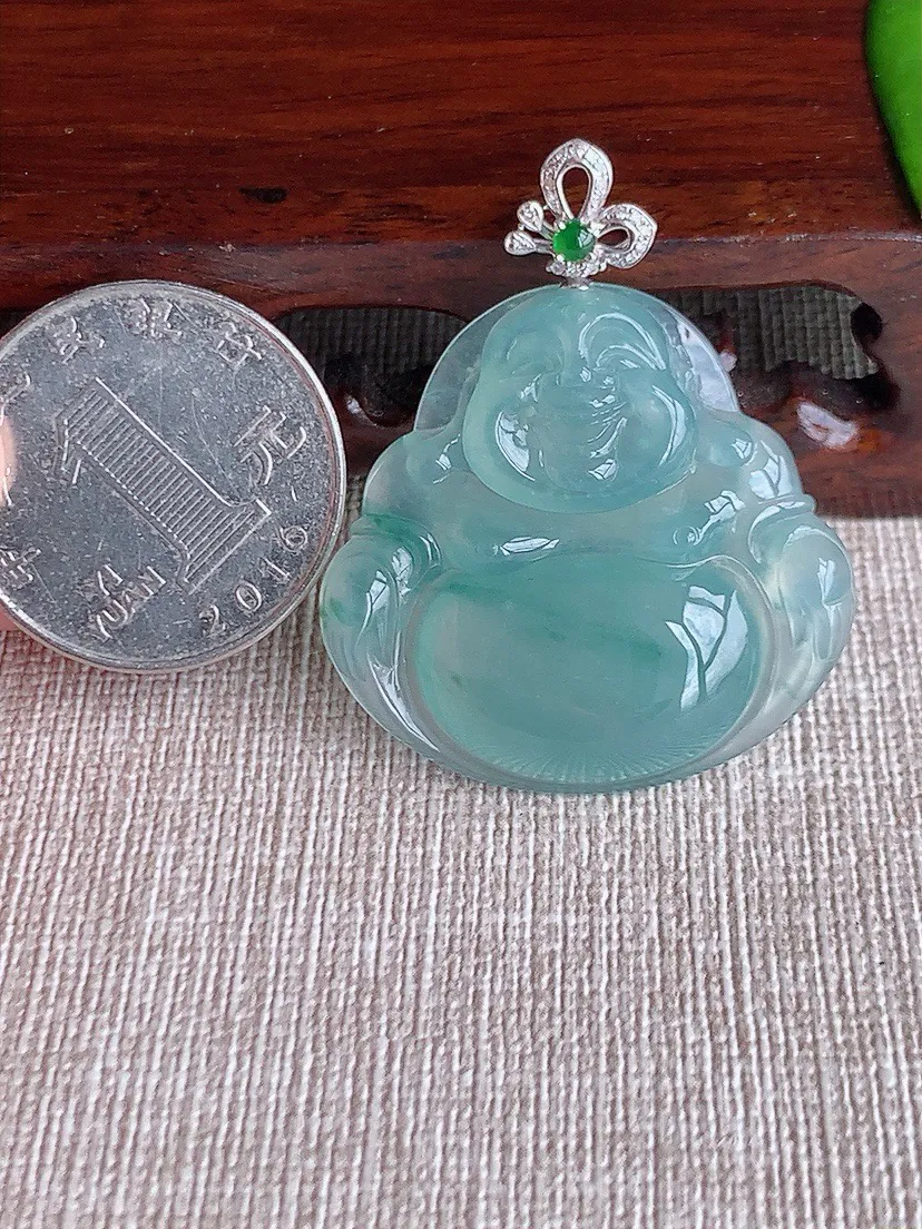 a货翡翠老坑冰种18K金镶嵌飘花佛公吊坠 尺寸40.8×31.3×33.2×5.8mm 重量10.16g 0621