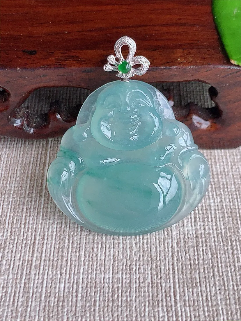 a货翡翠老坑冰种18K金镶嵌飘花佛公吊坠 尺寸40.8×31.3×33.2×5.8mm 重量10.16g 0621