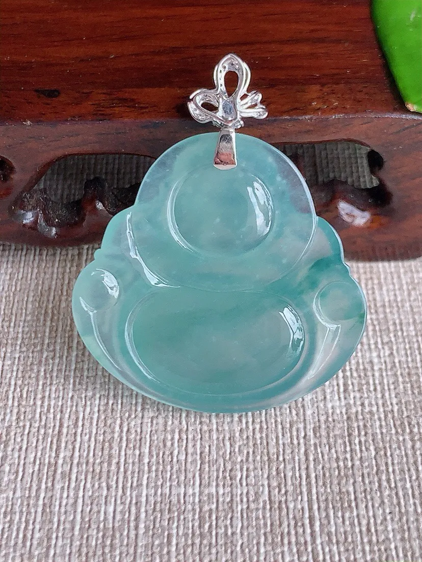 a货翡翠老坑冰种18K金镶嵌飘花佛公吊坠 尺寸40.8×31.3×33.2×5.8mm 重量10.1