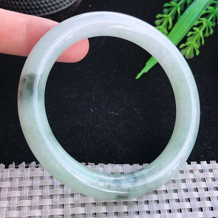 自然光57/9.7老坑温润飘花圆条手镯翡翠玉镯美人镯