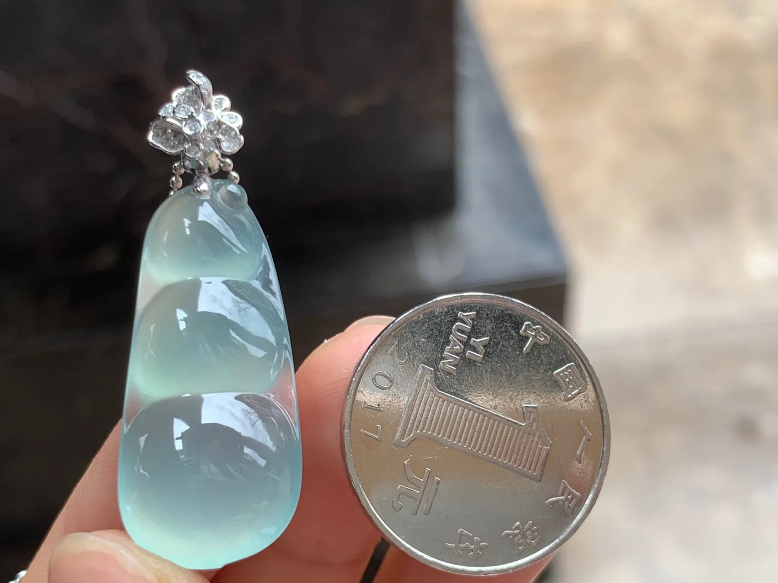 冰种晴水福豆 冰透起胶 饱满 金扣