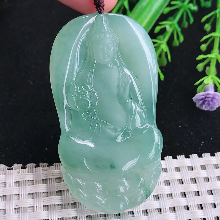 自然光58/31.8/5.6老坑冰胶水灵冰晴满绿大势至菩萨吊坠玉石持莲观音玉坠挂件