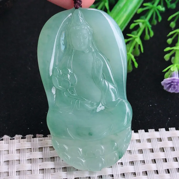 自然光58/31.8/5.6老坑冰胶水灵冰晴满绿大势至菩萨吊坠玉石持莲观音玉坠挂件