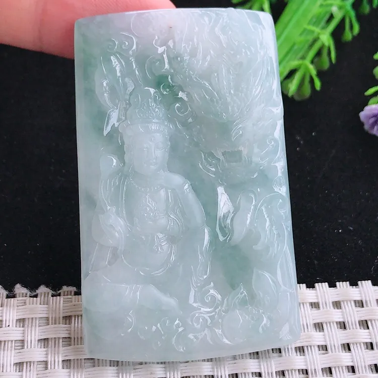 自然光61.2/38/6.3老坑精美冰胶水灵御龙观音吊坠玉石玉坠挂件