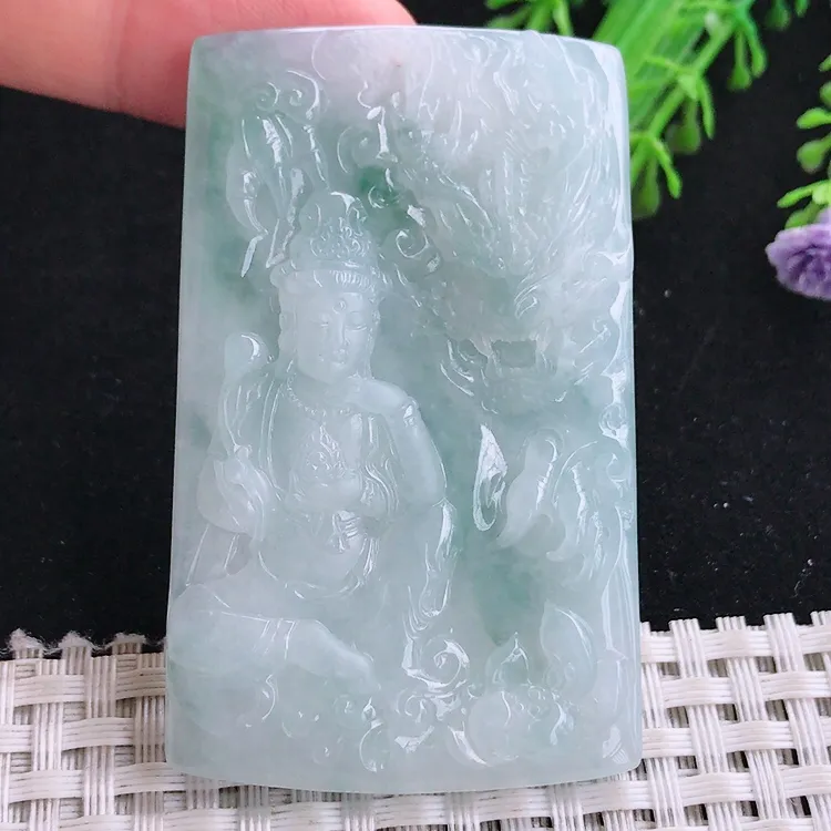 自然光61.2/38/6.3老坑精美冰胶水灵御龙观音吊坠玉石玉坠挂件