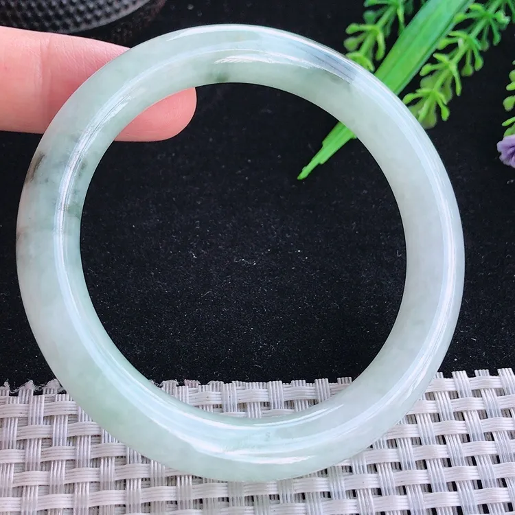 自然光57/9.7老坑温润飘花圆条手镯翡翠玉镯美人镯