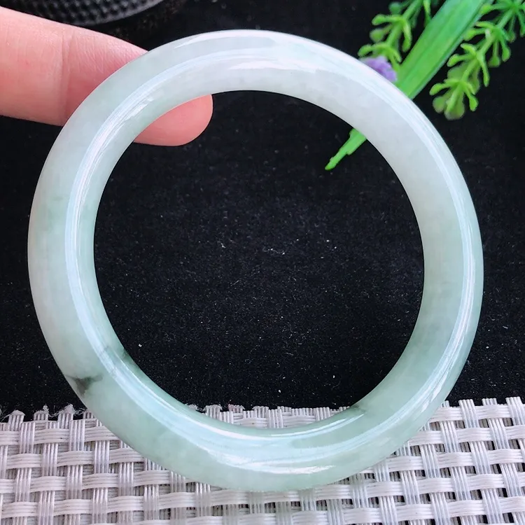 自然光57/9.7老坑温润飘花圆条手镯翡翠玉镯美人镯