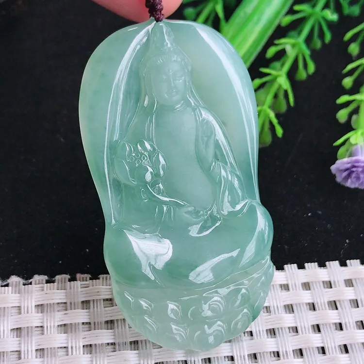 自然光58/31.8/5.6老坑冰胶水灵冰晴满绿大势至菩萨吊坠玉石持莲观音玉坠挂件