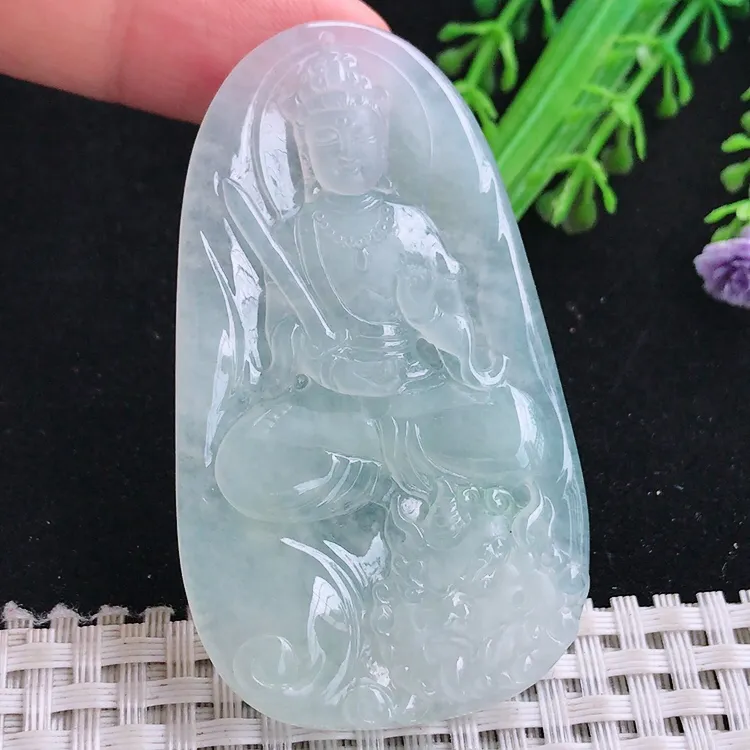 自然光63/36.5/5.6老坑冰透果冻胶冰晴文殊菩萨吊坠玉石玉坠挂件