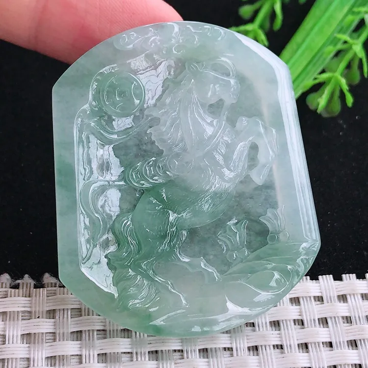 自然光51.27/43.5/5.8老坑冰胶果冻飘花生肖马牌吊坠玉石玉坠马上有钱挂件