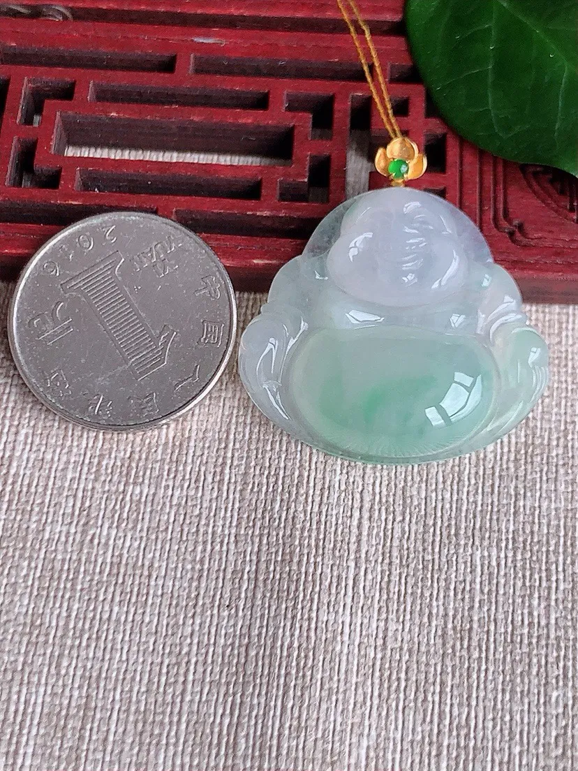 a货翡翠老坑冰种18K金扣头晴绿佛公吊坠 尺寸37×31×33.3×6.4mm 重量10.46g 0622