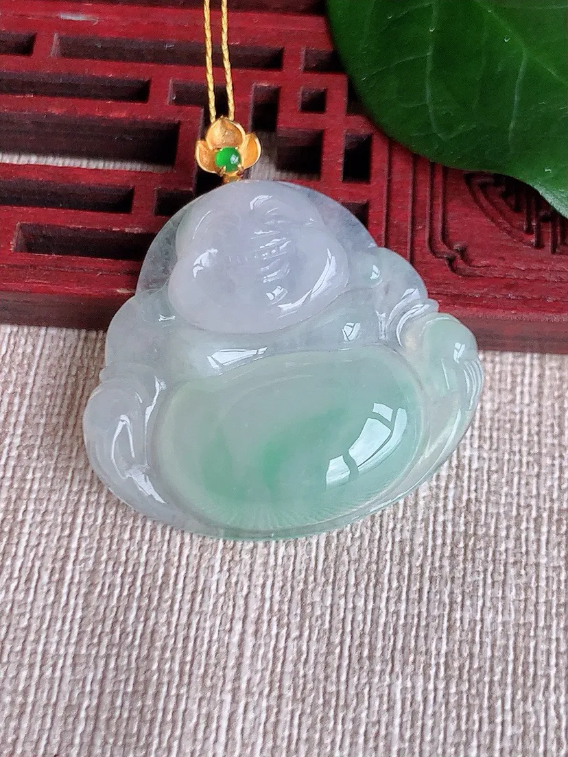 a货翡翠老坑冰种18K金扣头晴绿佛公吊坠 尺寸37×31×33.3×6.4mm 重量10.46g 0622