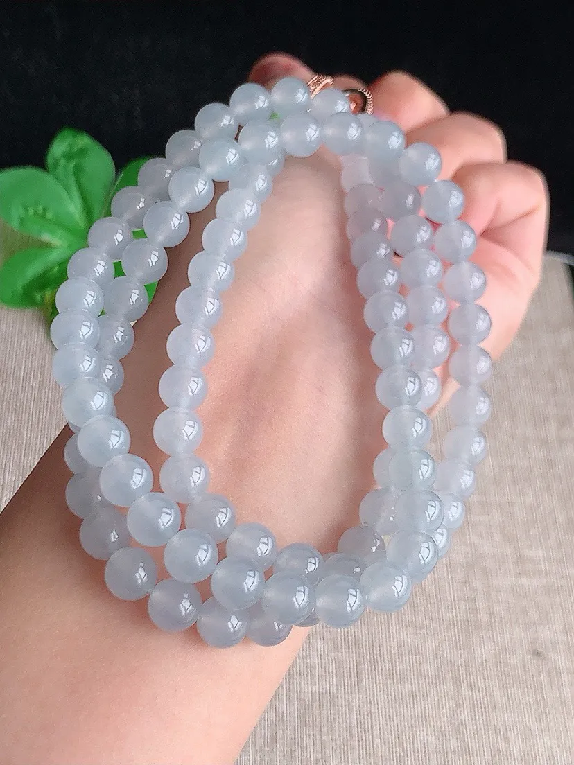 a货翡翠老坑冰种白月光圆珠项链毛衣链96颗 尺寸7mm 重量70.67g 0622