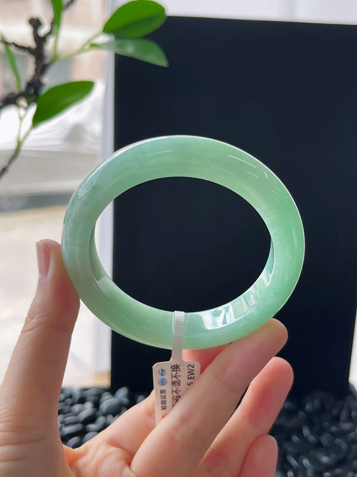 正圈53圈口，翡翠糯化种淡绿色手镯