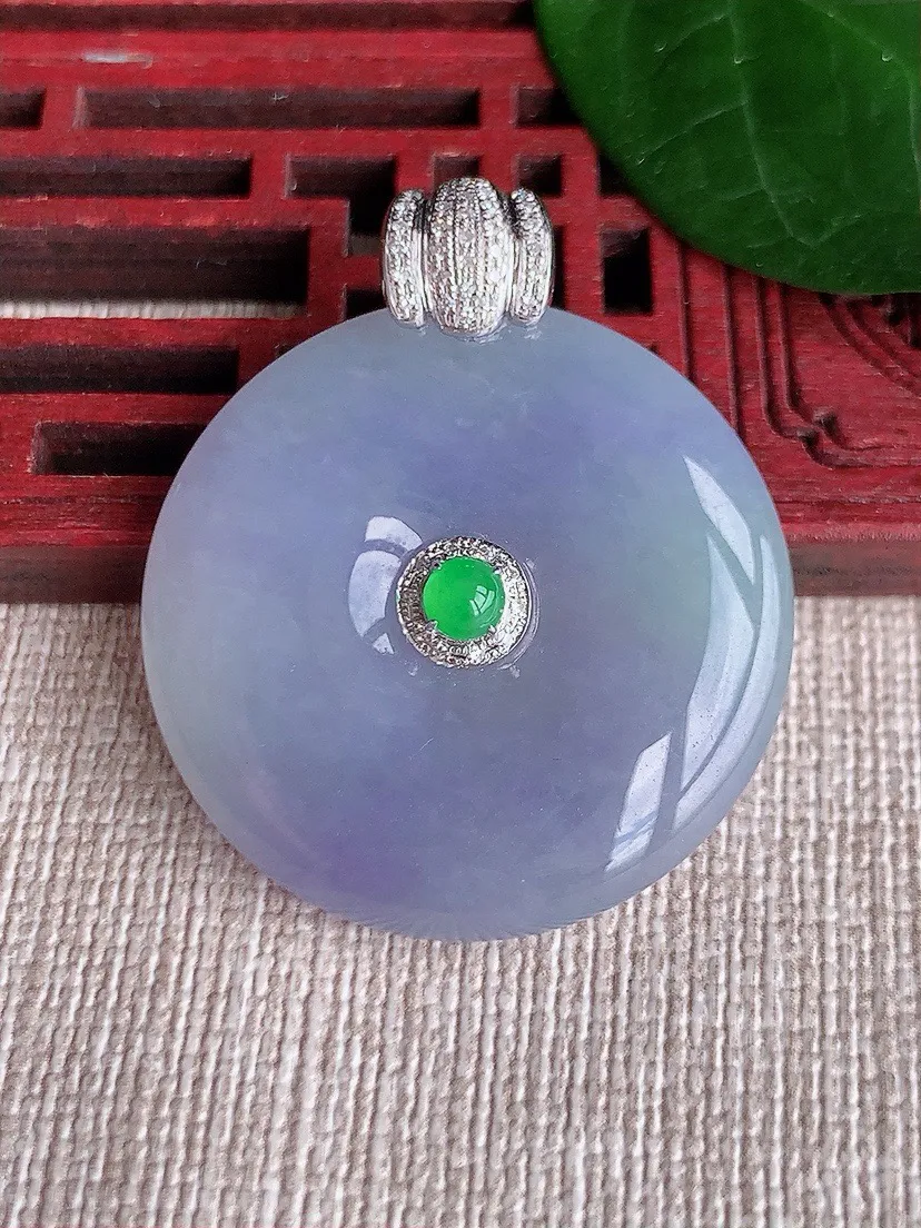 a货翡翠老坑冰种18K金伴钻镶嵌紫罗兰平安扣吊坠 尺寸35.3×29.8×6mm 重量12.78g 