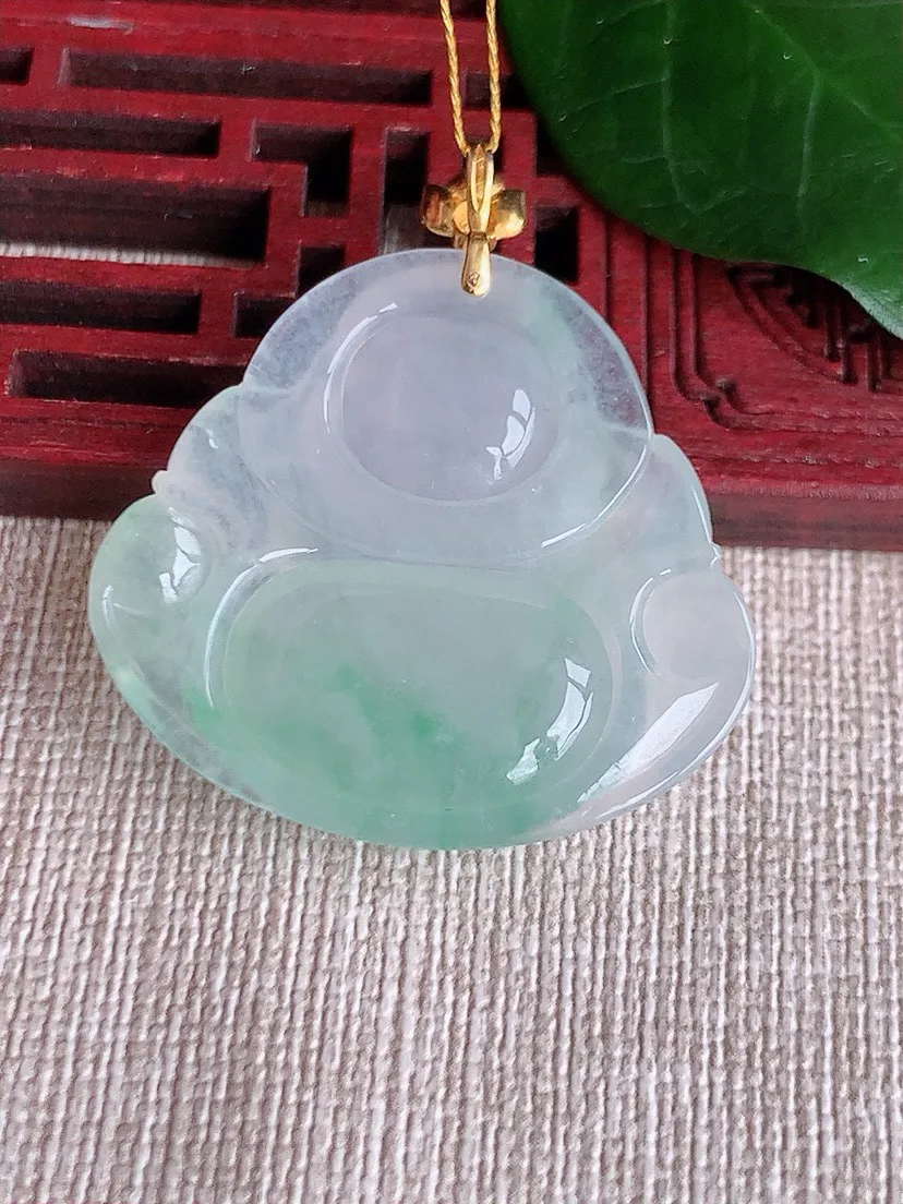 a货翡翠老坑冰种18K金扣头晴绿佛公吊坠 尺寸37×31×33.3×6.4mm 重量10.46g 0