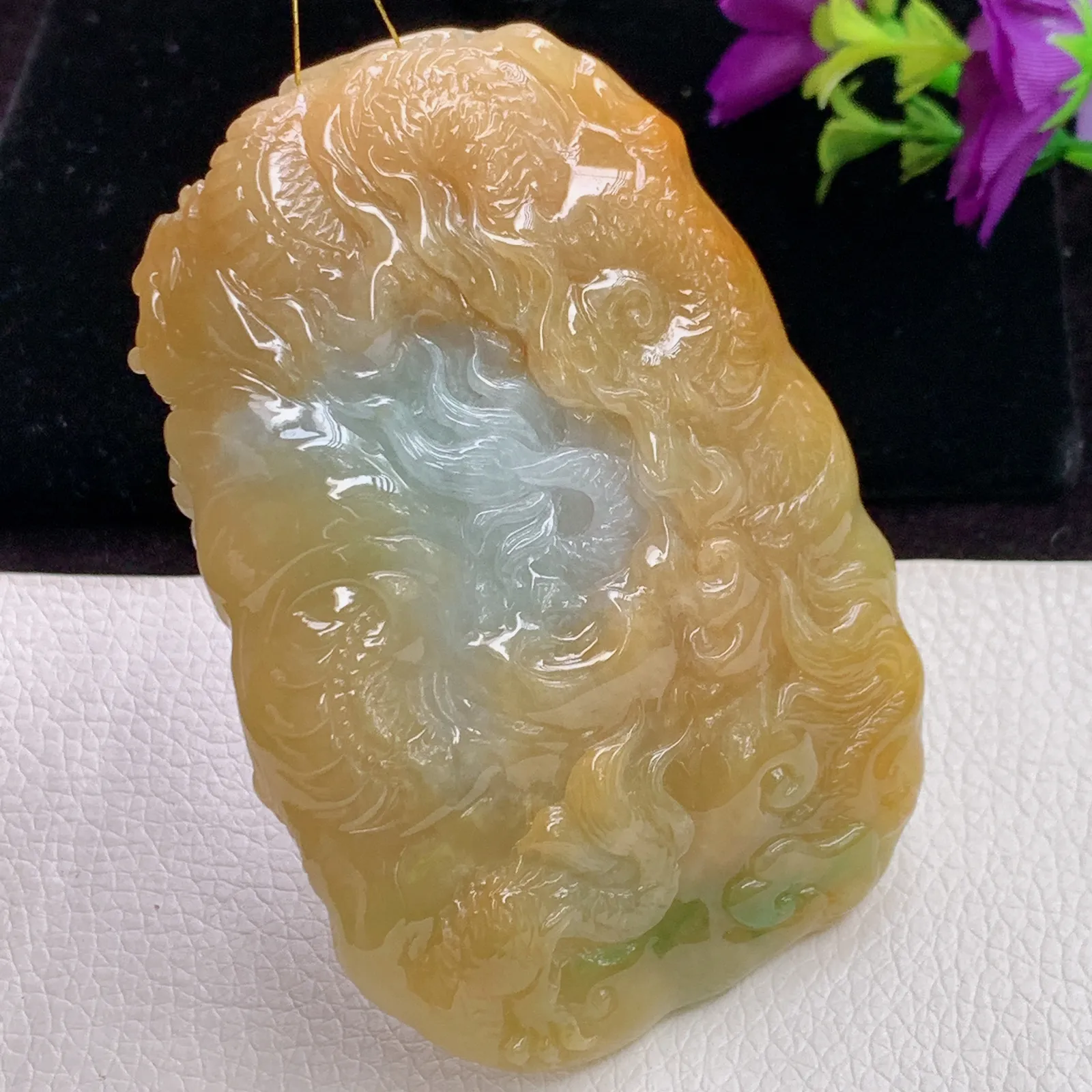 xj实拍7*54*12.3天然翡翠三彩精雕九龙至尊 生意兴隆玉吊坠 玉挂件