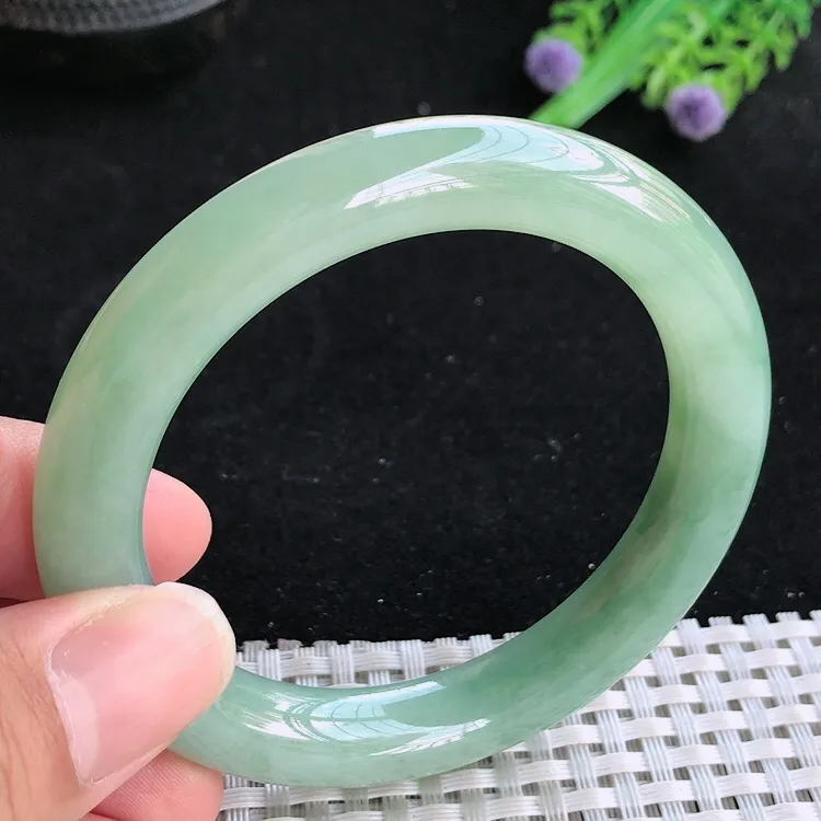 自然光54/10/9.7老坑冰润起胶满绿圆条手镯翡翠玉镯美人镯