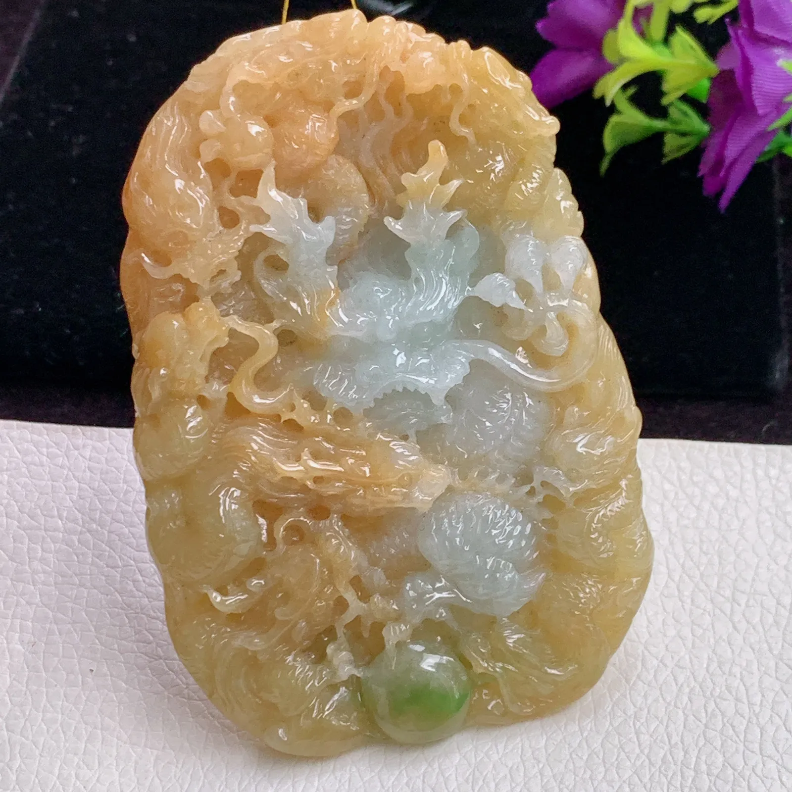 xj实拍77*54*12.3天然翡翠三彩精雕九龙至尊 生意兴隆玉坠 玉挂件