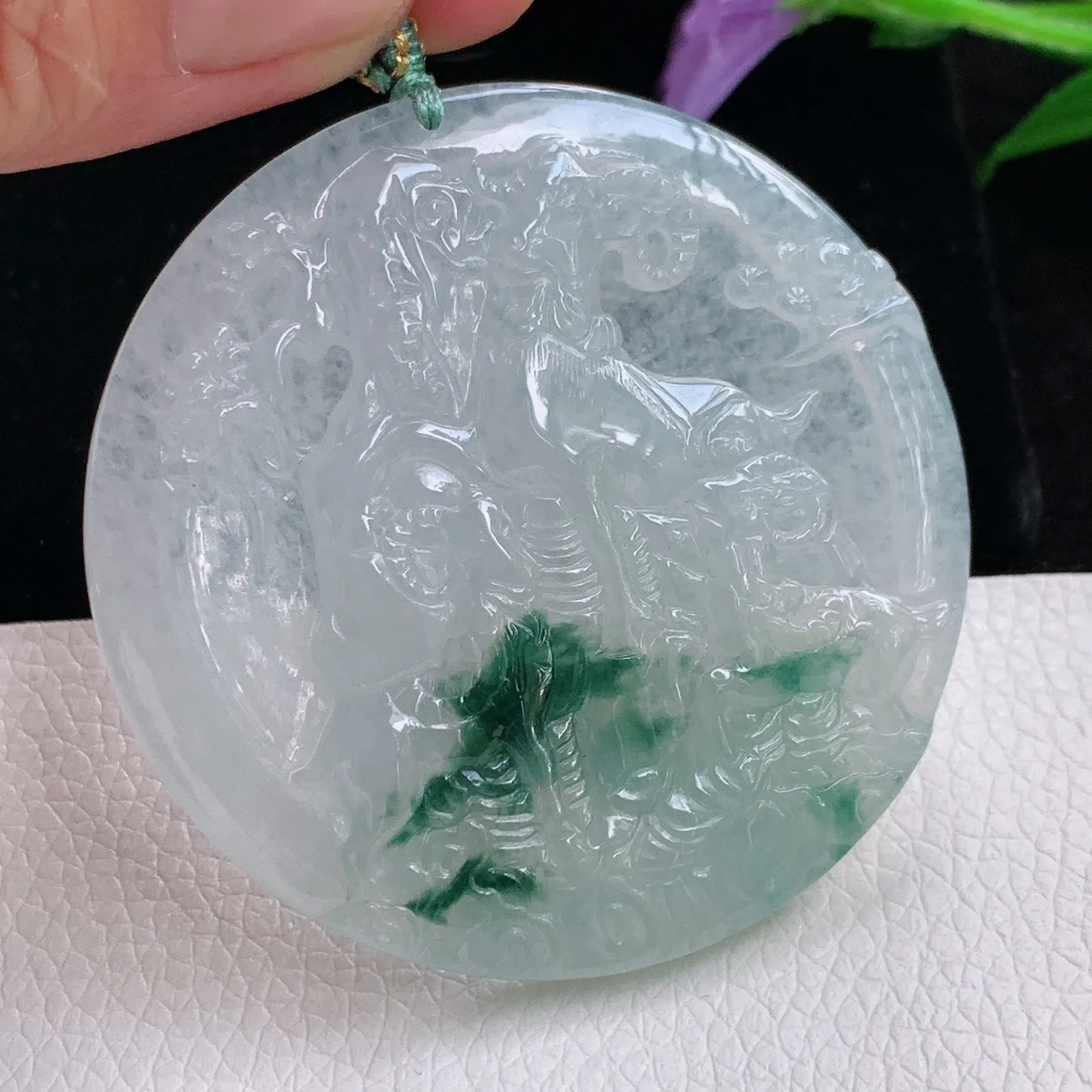yn实拍52.8*5.5缅甸翡翠精雕冰飘花三羊开泰 生肖羊玉吊坠 玉挂件