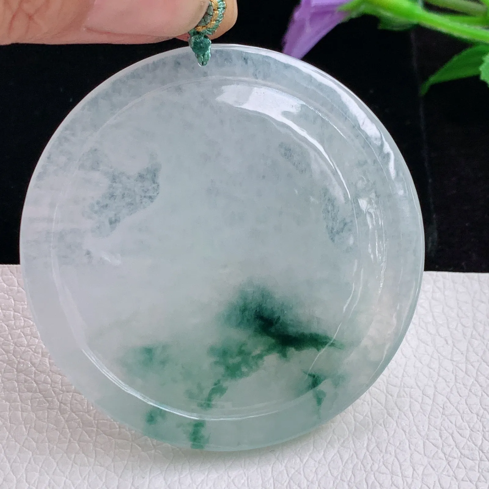 yn实拍52.8*5.5缅甸翡翠精雕冰飘花三羊开泰 生肖羊玉吊坠 玉挂件