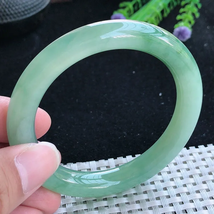 自然光55/9.8/9.5老坑冰胶果冻冰晴满绿圆条手镯翡翠玉镯美人镯