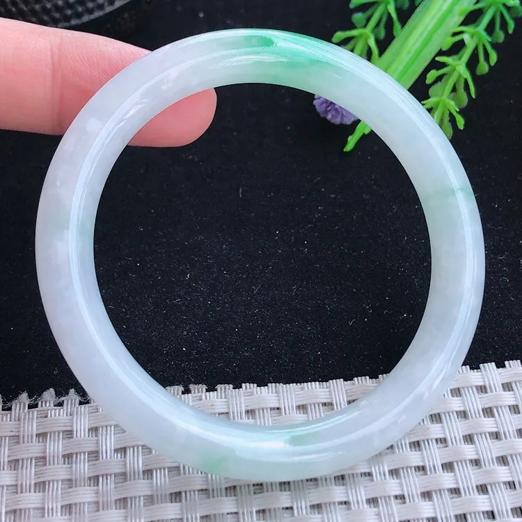 自然光54/8.2老坑冰润起胶飘阳绿圆条手镯翡翠玉镯美人镯