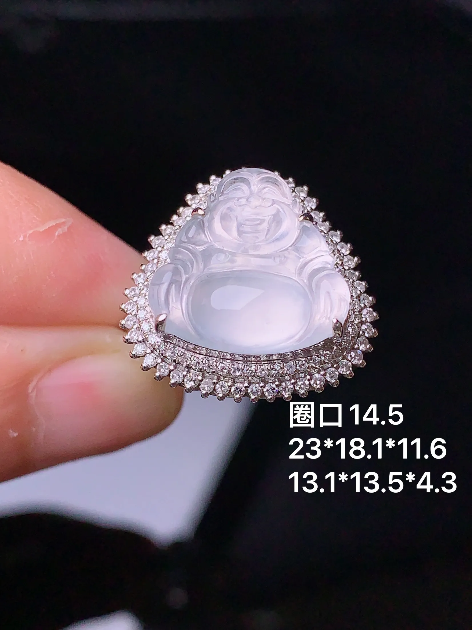 18k金钻镶嵌冰种佛公戒指吊坠两用款 玉质细腻 水润亮眼  圈口14.5 整体尺寸23*18.1*11.6