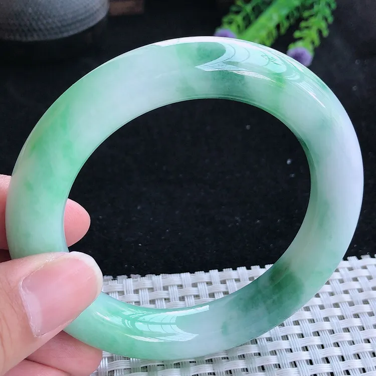 自然光57.8/12.3/12.5老坑精美冰润飘花胖圆条手镯翡翠玉镯美人镯