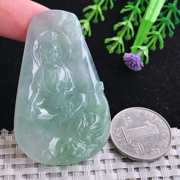 自然光58/36.4/5.9老坑冰胶果冻晴绿普贤菩萨吊坠玉石玉坠挂件