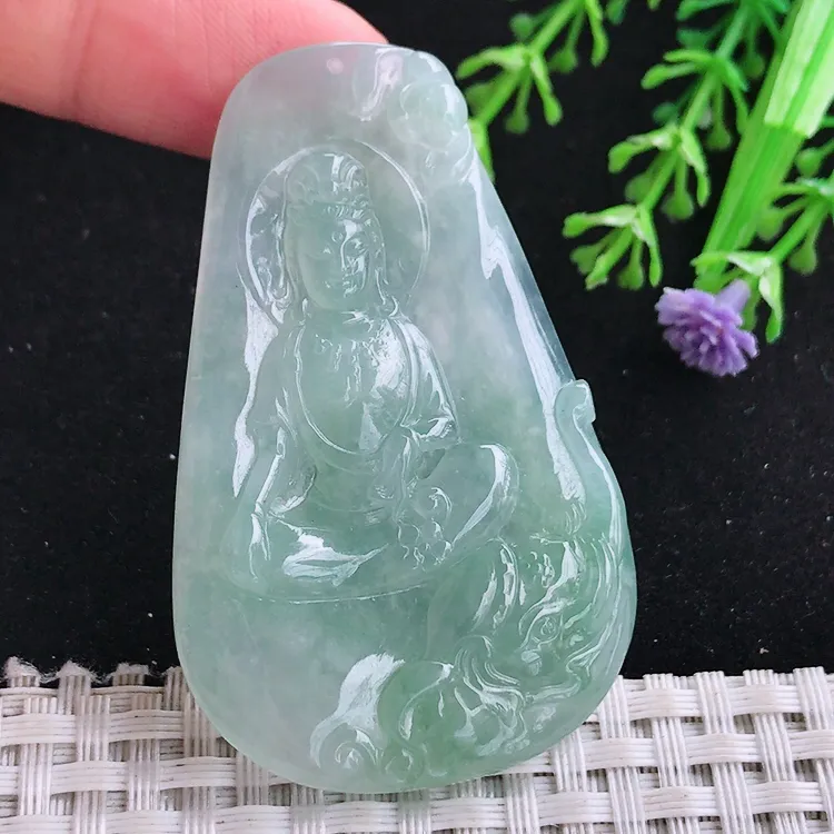 自然光58/36.4/5.9老坑冰胶果冻晴绿普贤菩萨吊坠玉石玉坠挂件