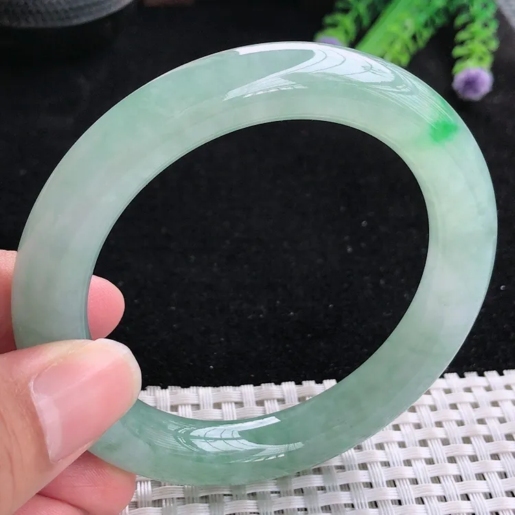 自然光57.5/10.8老坑冰胶果冻冰晴飘阳绿圆条手镯翡翠玉镯美人镯