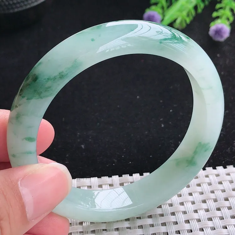 自然光56.5/12.7/8.2老坑冰胶水灵飘花手镯翡翠玉镯美人镯