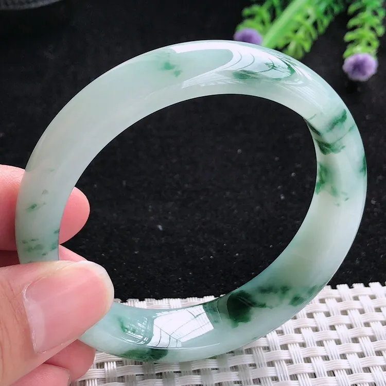 自然光57/14/8老坑冰胶水灵飘花手镯翡翠玉镯美人镯