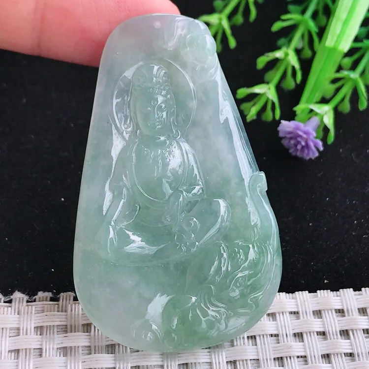 自然光58/36.4/5.9老坑冰胶果冻晴绿普贤菩萨吊坠玉石玉坠挂件