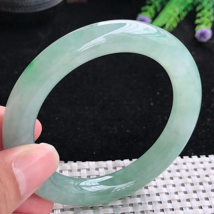 自然光57.5/10.8老坑冰胶果冻冰晴飘阳绿圆条手镯翡翠玉镯美人镯