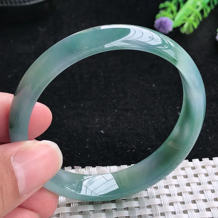 自然光56/12/6老坑冰润起胶特色飘花手镯翡翠玉镯美人镯