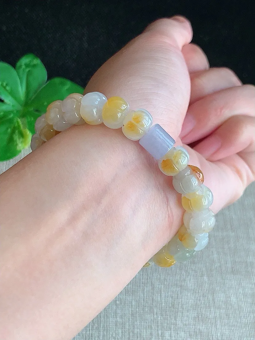 a货翡翠老坑冰种飘黄翡莲蓬手串23颗 尺寸10×6mm 重量30.14g 0624