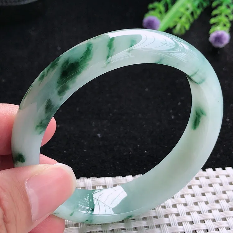 自然光57/14/8老坑冰胶水灵飘花手镯翡翠玉镯美人镯