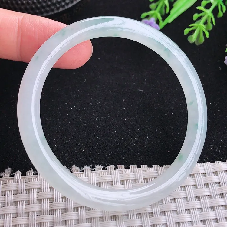 自然光53/5.7/7.1老坑冰种冰透飘花细条手镯叮当玉镯美人镯