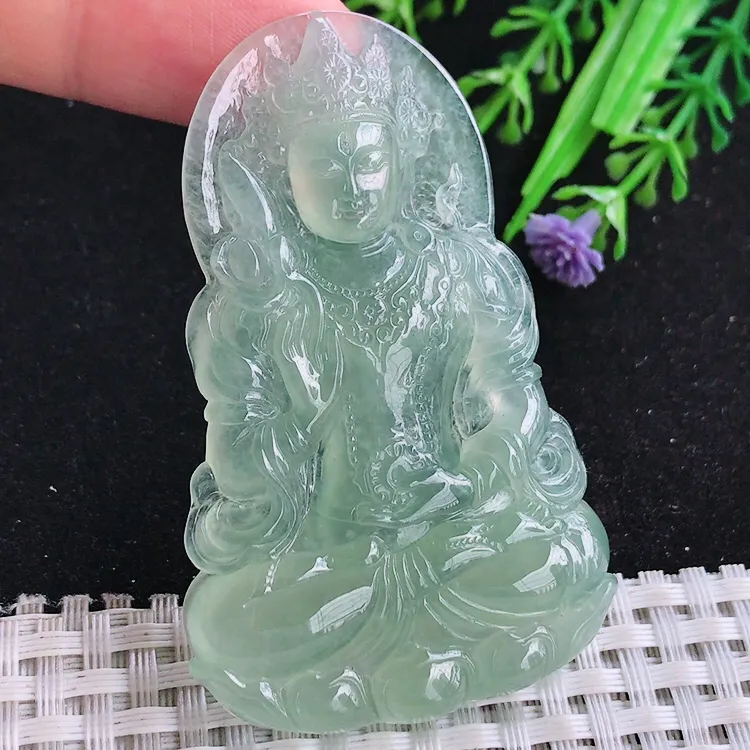 自然光64.3/40/5.8老坑冰种果冻胶冰晴绿满绿度母菩萨吊坠玉石玉坠挂件
