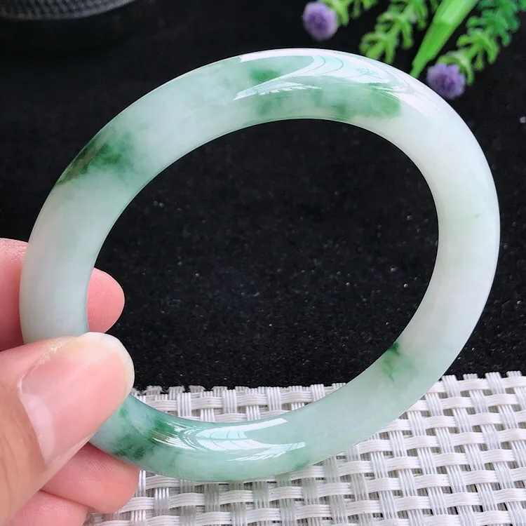 自然光56.5/9.4老坑冰润飘花圆条手镯翡翠玉镯美人镯