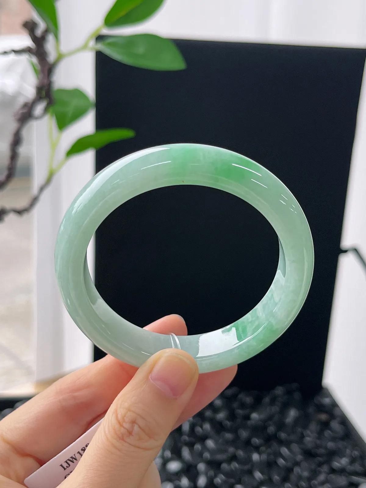 正圈53圈口，翡翠糯化种飘绿手镯