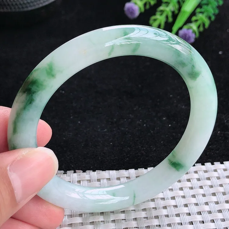自然光56.5/9.4老坑冰润飘花圆条手镯翡翠玉镯美人镯