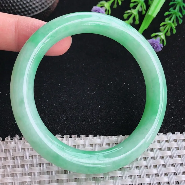 自然光54.5/10.2/9.7老坑冰润满绿苹果绿圆条手镯翡翠玉镯美人镯