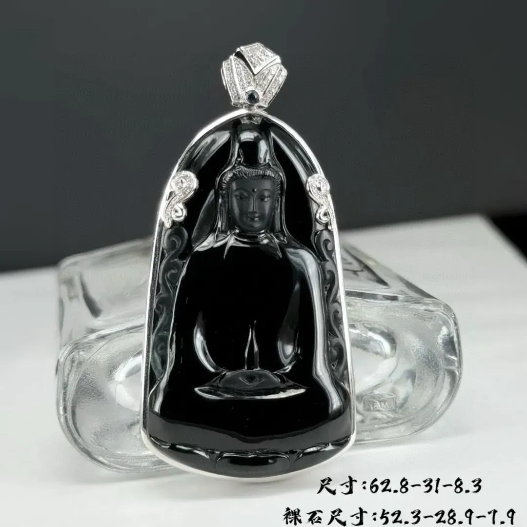 精品18k墨翠观音 种好色正 黑度极好 打灯通透 油性十足 尺寸62.8