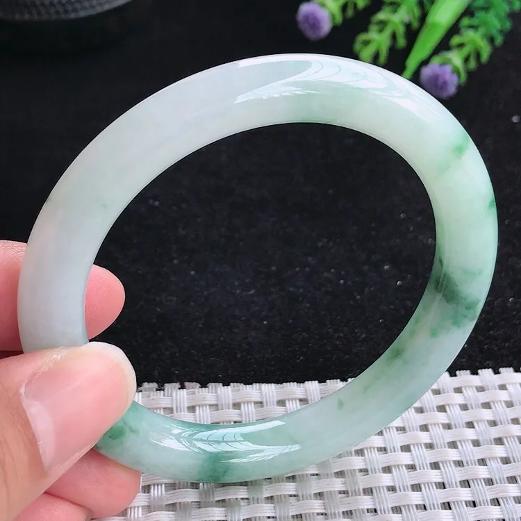 自然光56.5/9.4老坑冰润飘花圆条手镯翡翠玉镯美人镯