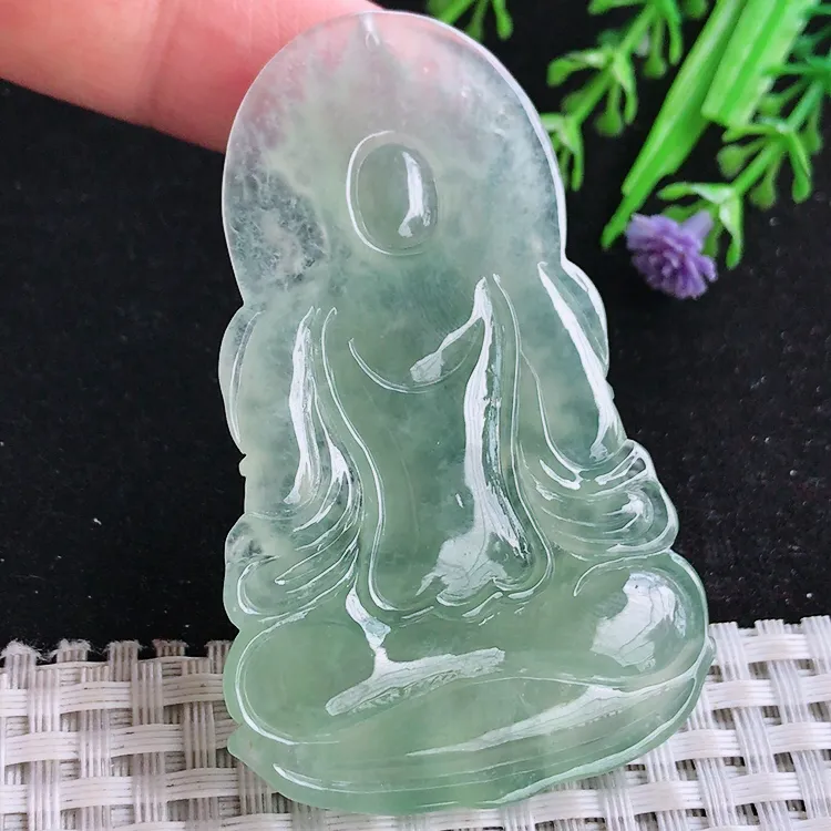 自然光64.3/40/5.8老坑冰种果冻胶冰晴绿满绿度母菩萨吊坠玉石玉坠挂件
