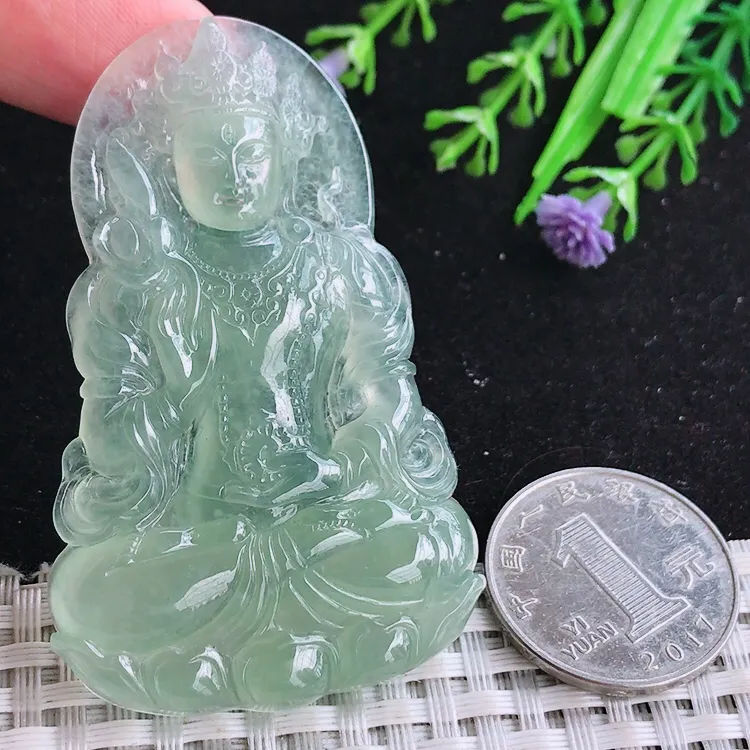 自然光64.3/40/5.8老坑冰种果冻胶冰晴绿满绿度母菩萨吊坠玉石玉坠挂件
