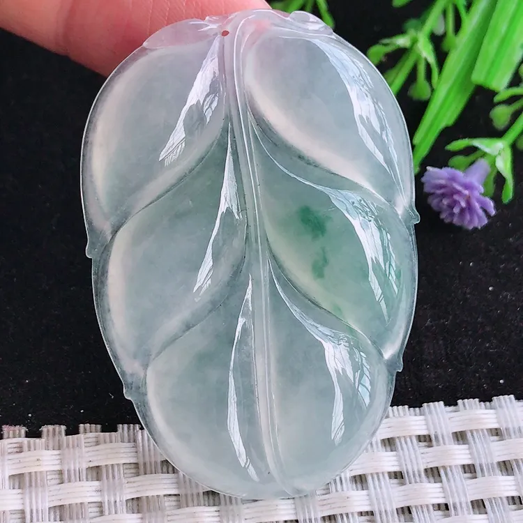 自然光52.7/36/6.3老坑冰种果冻胶冰飘花大叶子吊坠玉石玉坠挂件